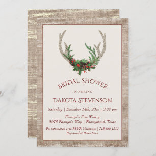 Boho Deer Antlers   Rustic Christmas Bridal Shower Invitation