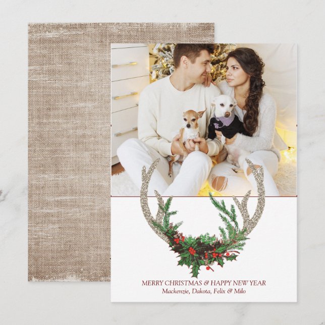 Boho Deer Antlers | Rustic Christmas Floral Photo Holiday Card (Front/Back)
