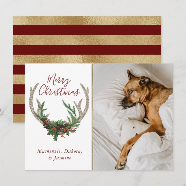 Boho Deer Antlers | Rustic Christmas Floral Photo Holiday Card (Front/Back)