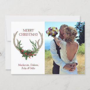 Boho Deer Antlers   Rustic Christmas Floral Photo Holiday Card