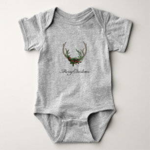 Boho Deer Antlers Rustic Red Christmas Floral Baby Bodysuit