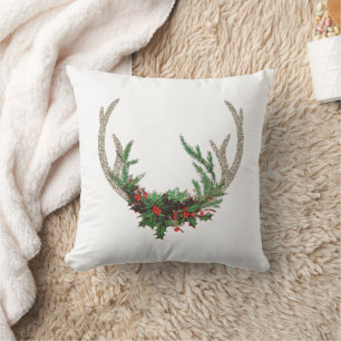 Boho Deer Antlers   Rustic Red Christmas Floral Cushion