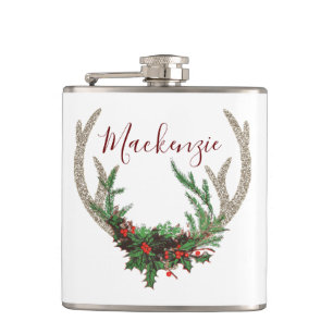 Boho Deer Antlers   Rustic Red Christmas Floral Hip Flask
