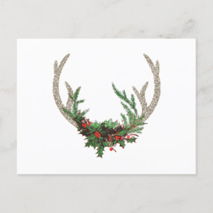 Boho Deer Antlers   Rustic Red Christmas Floral Holiday Postcard