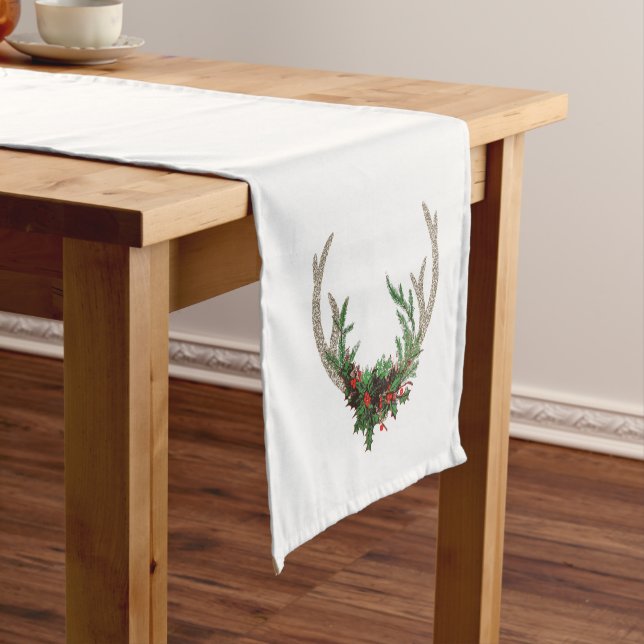 Boho Deer Antlers | Rustic Red Christmas Floral Short Table Runner (In Situ)