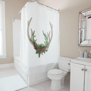 Boho Deer Antlers Rustic Red Christmas Floral Shower Curtain