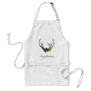 Boho Deer Antlers   Rustic Red Christmas Floral Standard Apron