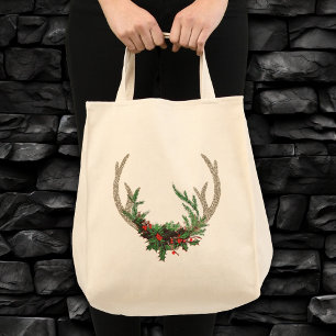 Boho Deer Antlers Rustic Red Christmas Floral Tote Bag