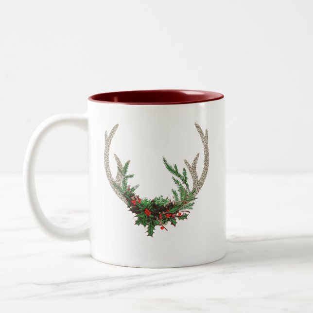 Boho Deer Antlers | Rustic Red Christmas Floral Two-Tone Coffee Mug (Left)