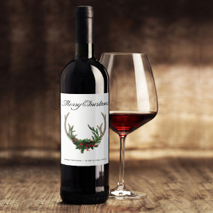 Boho Deer Antlers   Rustic Red Christmas Floral Wine Label