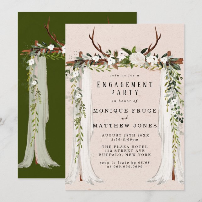 Boho Deer Antlers White Canopy Engagement Party Invitation (Front/Back)