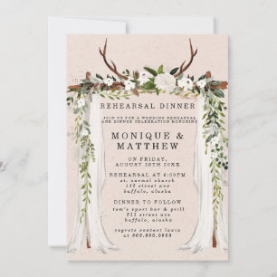 Boho Deer Antlers White Canopy Rehearsal Dinner Invitation