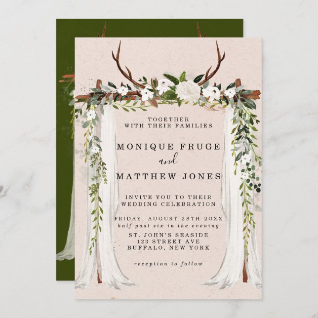 Boho Deer Antlers White Canopy Rustic Invitation (Front/Back)