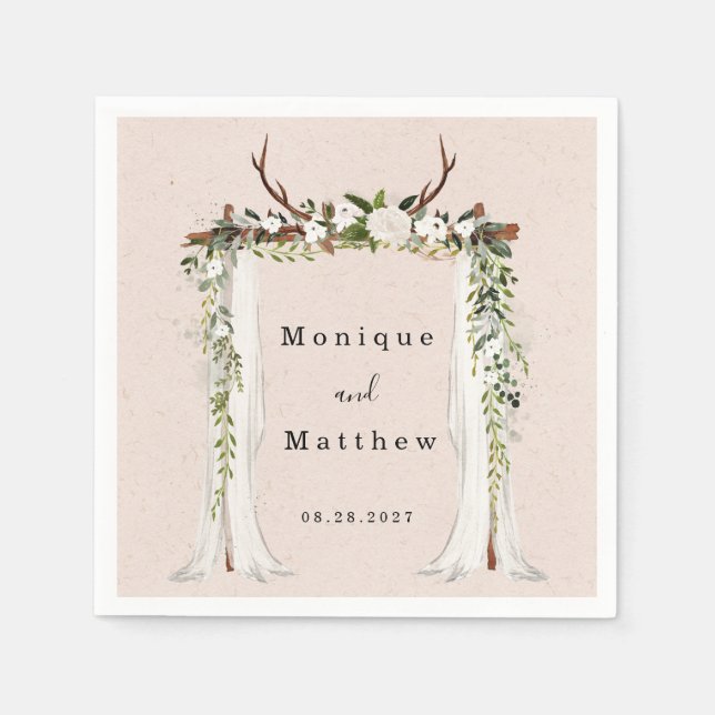 Boho Deer Antlers White Canopy Rustic Wedding Napkin (Front)