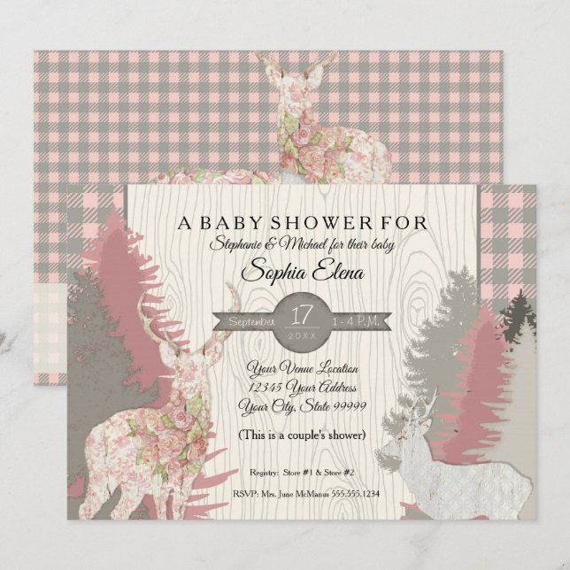 Boho Deer Bear Woodland Forest Plaid Baby Shower Invitation (Front/Back)