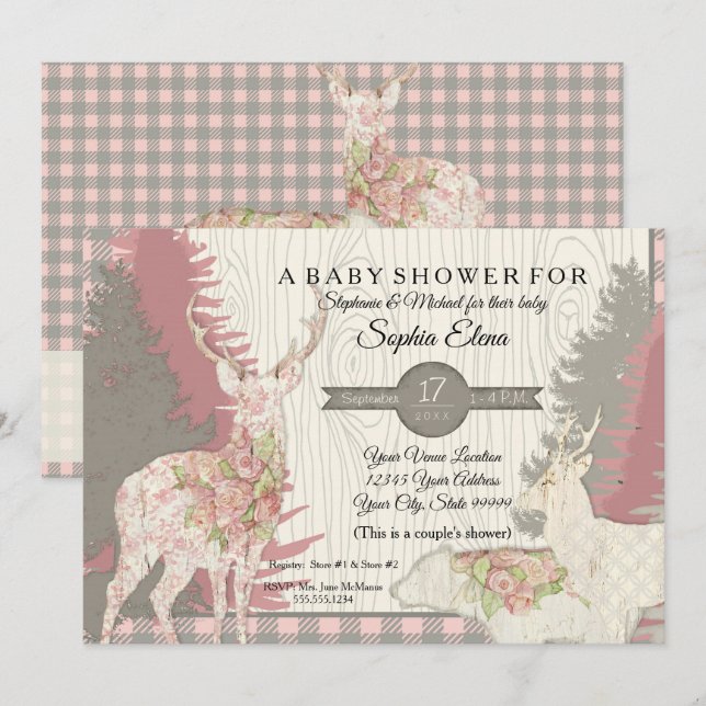 Boho Deer Bear Woodland Forest Plaid Baby Shower Invitation (Front/Back)