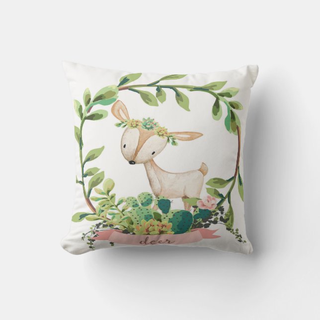 Boho Deer Cactus Succulent Baby Nursery Pillow (Front)