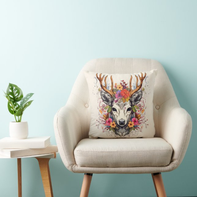 Boho Deer Colourful Flowers Cushion (Chair)