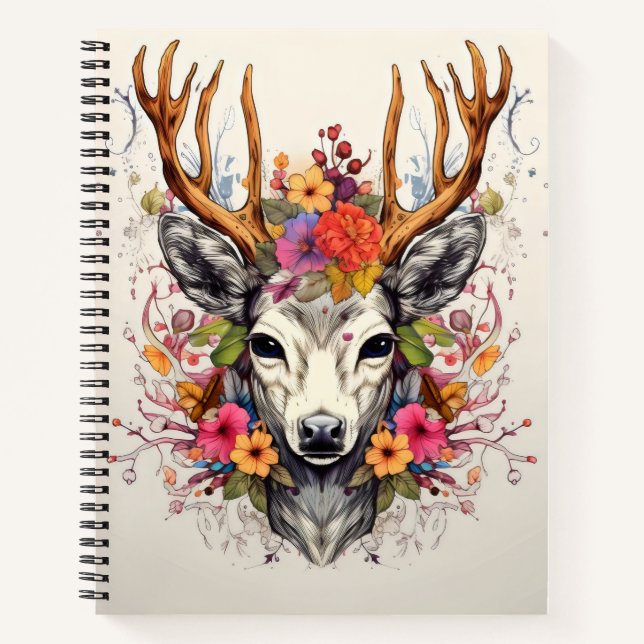 Boho Deer Colourful Flowers Notebook (Front)