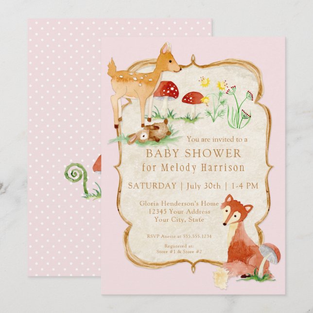 BOHO Deer Fox Owl Forest Pink Girl Baby Shower Invitation (Front/Back)