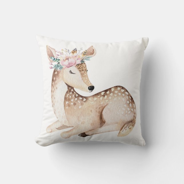 Boho Deer Woodland Floral Baby Nursery Pillow (Front)