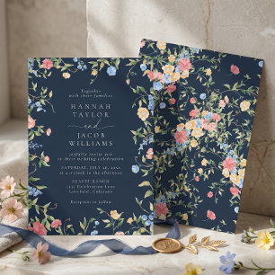 Boho Delicate Wildflowers Navy Wedding Invitation