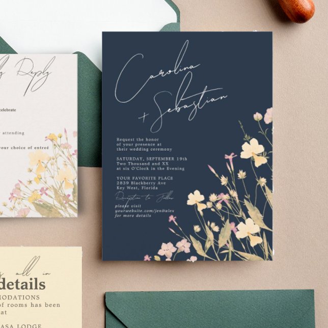 Boho Delicate Wildflowers Navy Wedding  Invitation (Creator Uploaded)