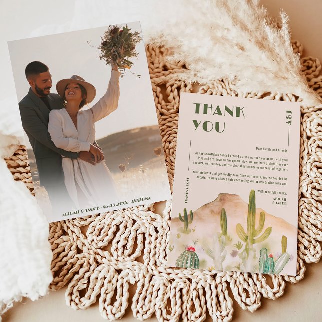 Boho Desert Cactus Arizona Destination Wedding Thank You Card (Boho Desert Cactus Arizona Destination Wedding Thank You Card on pink sand)