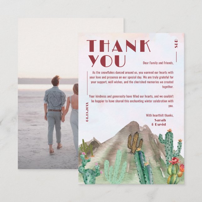 Boho Desert Cactus Arizona Destination wedding Thank You Card (Front/Back)