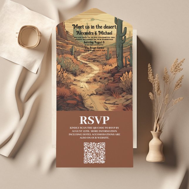 Boho Desert Cactus Illustrated Wedding QR Code All In One Invitation (Creator Uploaded)