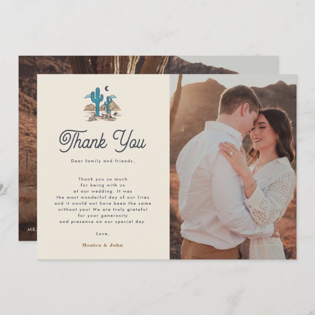 Boho Desert Cactus Retro Arizona 2 Photo Wedding Thank You Card (Front/Back)