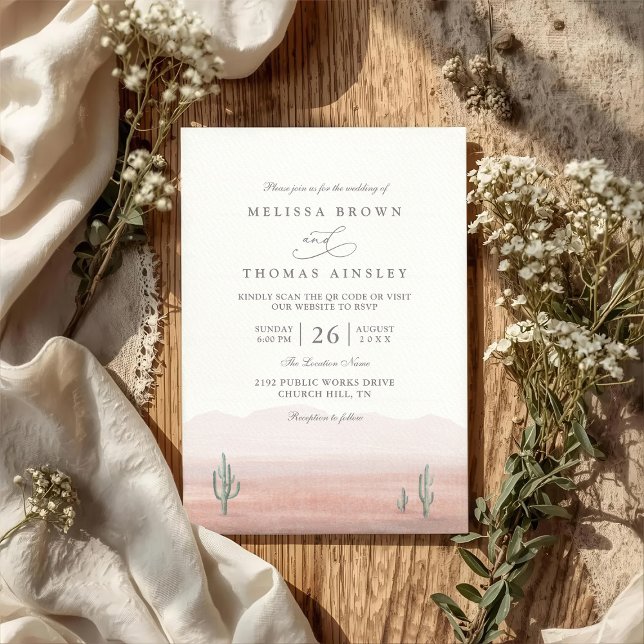 Boho Desert Cactus Rustic Elegant QR Code Wedding Invitation (Creator Uploaded)