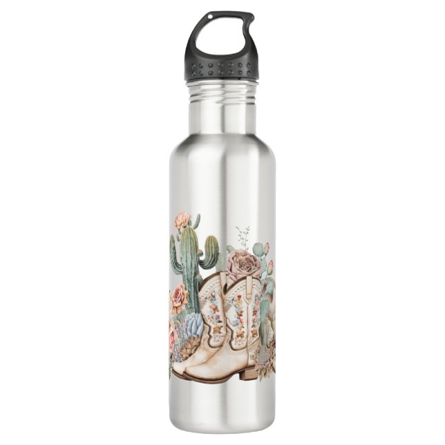 Boho desert cowgirl cowboy boots cowboy hat 710 ml water bottle (Front)