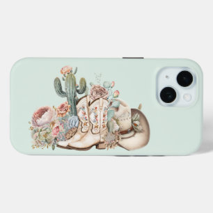 Boho desert cowgirl cowboy boots cowboy hat iPhone 15 case