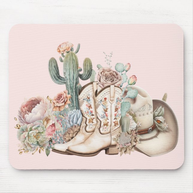 Boho desert cowgirl cowboy boots cowboy hat mouse mat (Front)