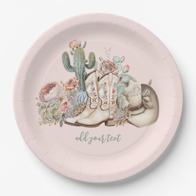 Boho desert cowgirl cowboy boots cowboy hat paper plate (Front)