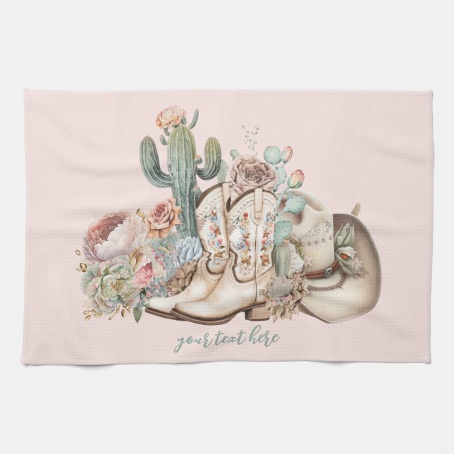 Boho desert cowgirl cowboy boots cowboy hat tea towel (Horizontal)