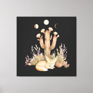 Boho Desert Fennec Fox Sleeping Under Saguaro Cact Canvas Print