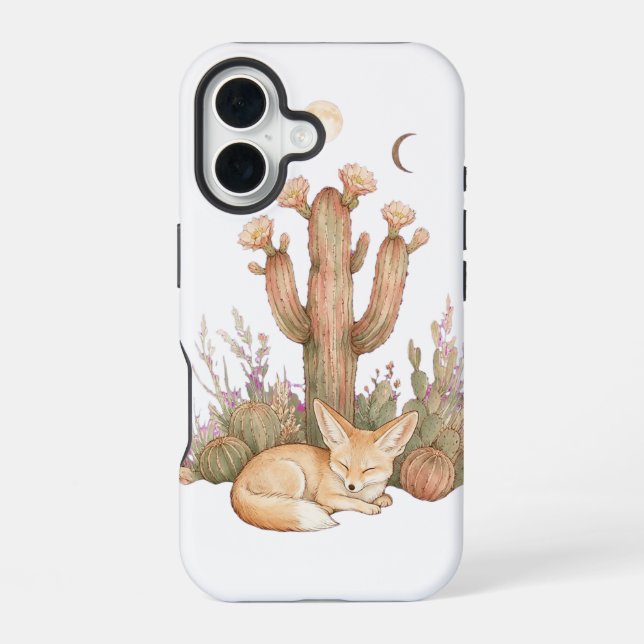 Boho Desert Fennec Fox Sleeping Under Saguaro Cact iPhone 16 Case (Back)