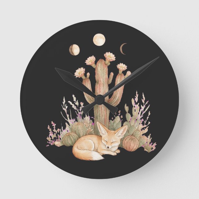 Boho Desert Fennec Fox Sleeping Under Saguaro Cact Round Clock (Front)