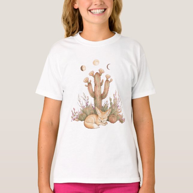 Boho Desert Fennec Fox Sleeping Under Saguaro Cact T-Shirt (Front)
