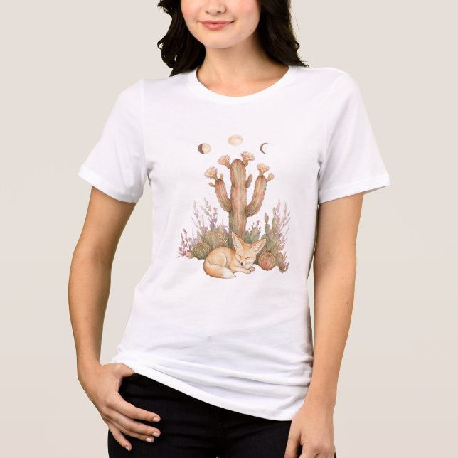 Boho Desert Fennec Fox Sleeping Under Saguaro Cact Tri-Blend Shirt (Front)