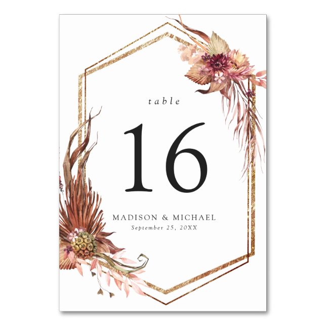 Boho Desert Floral Gold Frame Wedding Table Number (Front)