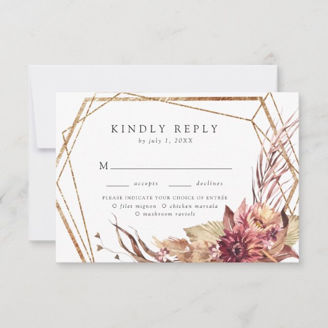 Boho Desert Floral Gold Geometric Meal Choice RSVP Card (Front)