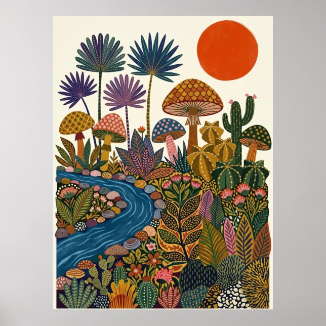 Boho Desert Folk Art Mushroom Cactus River Poster (Front)