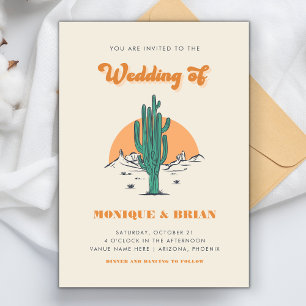Boho Desert Groovy Retro Cactus & Photo Wedding Invitation