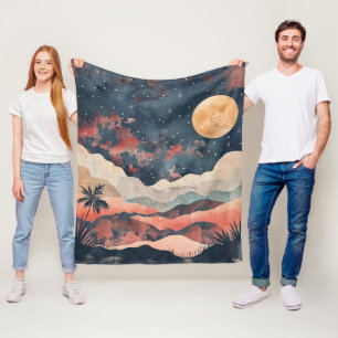 Boho Desert Moon Indigo Copper Celestial Landscape Fleece Blanket