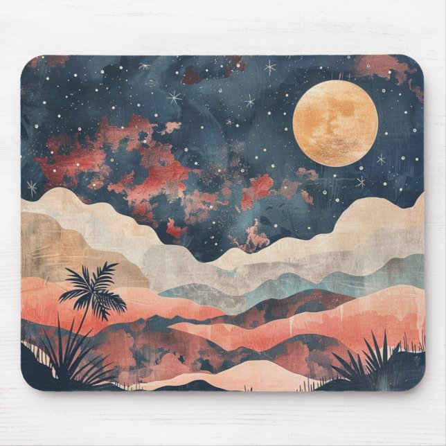 Boho Desert Moon Indigo Copper Celestial Landscape Mouse Mat (Front)
