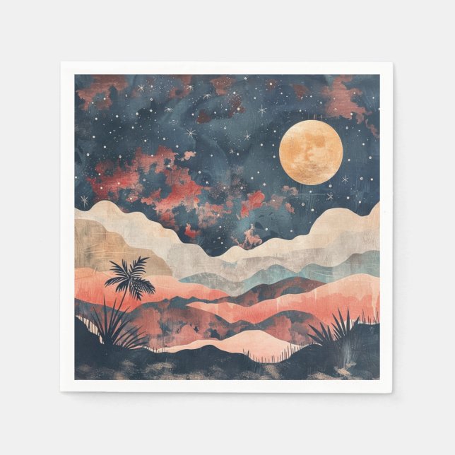 Boho Desert Moon Indigo Copper Celestial Landscape Napkin (Front)