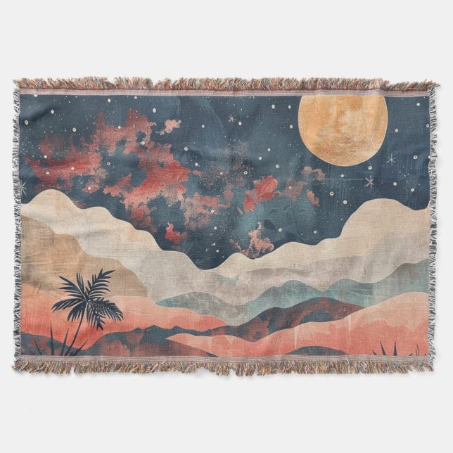 Boho Desert Moon Indigo Copper Celestial Landscape Throw Blanket (Front)